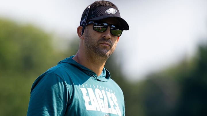 Philadelphia Eagles head coach Nick Sirianni looks on during training camp at NovaCare Complex.