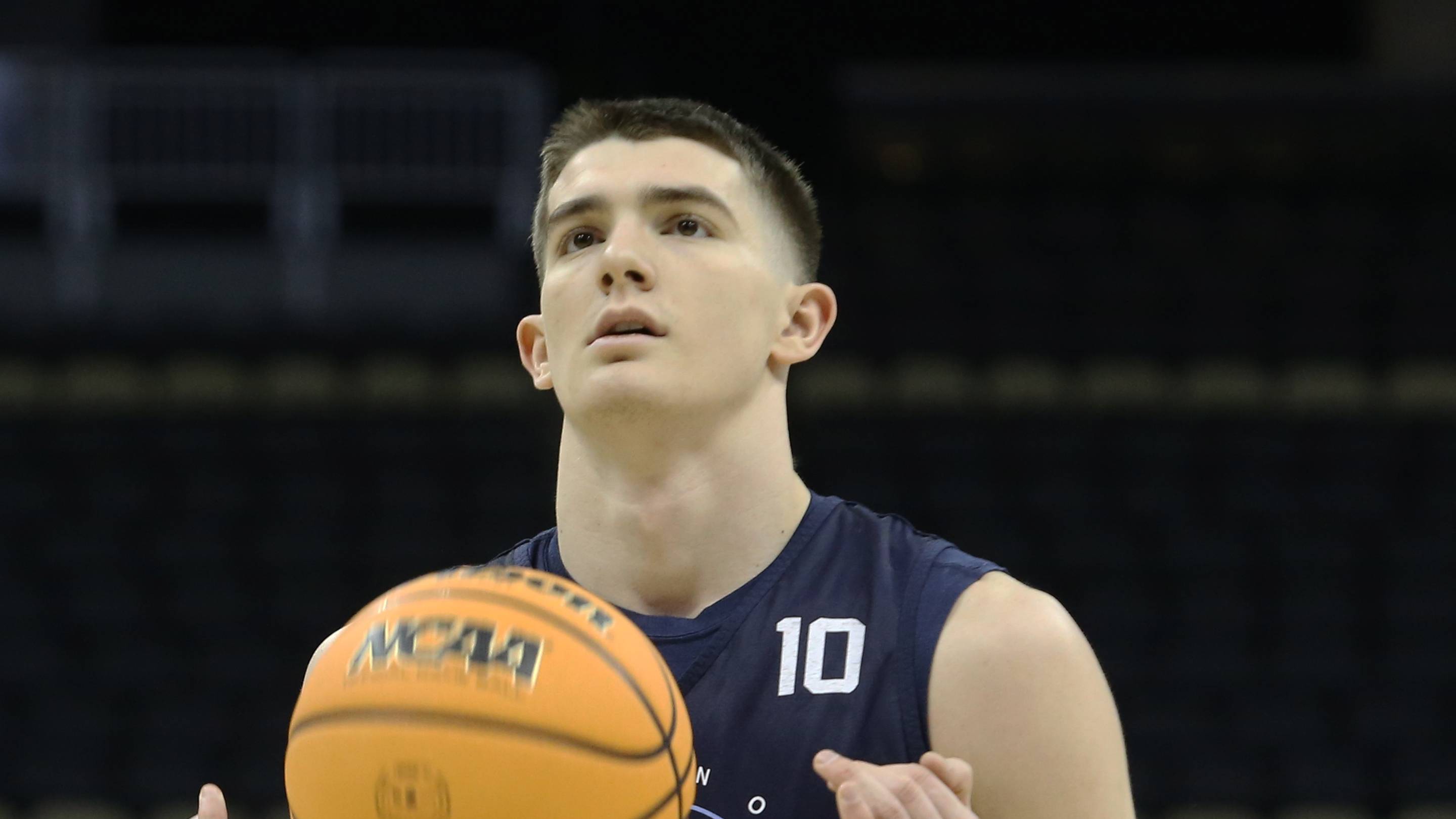 Mar 17, 2022; Pittsburgh, PA, USA; Villanova Wildcats guard Angelo Brizzi (10) during practice before the first round of the 2022 NCAA Tournament at PPG Paints Arena. Mandatory Credit: Charles LeClaire-USA TODAY Sports