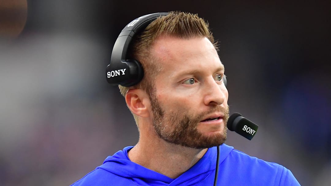 Jan 4, 2026; Inglewood, California, USA;  Los Angeles Rams head coach Sean McVay stands on the sidelines against the Arizona Cardinals during the first half at SoFi Stadium. Mandatory Credit: Gary A. Vasquez-Imagn Images
