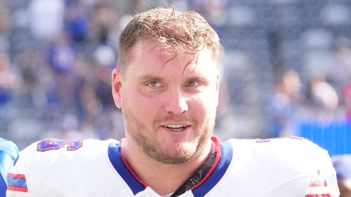 Sep 14, 2025; East Rutherford, New Jersey, USA; Buffalo Bills guard David Edwards (76) after the game against the New York Jets at MetLife Stadium. Mandatory Credit: Robert Deutsch-Imagn Images