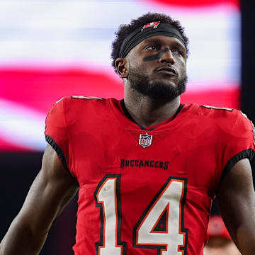 Oct 21, 2024; Tampa, Florida, USA; Tampa Bay Buccaneers wide receiver Chris Godwin (14) looks on before a game against theBaltimore Ravens at Raymond James Stadium. Mandatory Credit: Nathan Ray Seebeck-Imagn Images