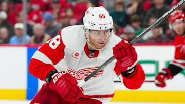 Mar 14, 2025; Raleigh, North Carolina, USA;  Detroit Red Wings right wing Patrick Kane (88) skates against the Carolina Hurricanes during the second period at Lenovo Center. Mandatory Credit: James Guillory-Imagn Images