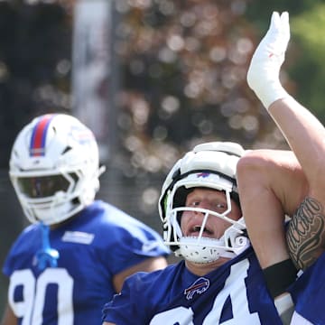 Bills defensive edge Landon Jackson cuts inside on edge Joey Bosa during line drills at St. John Fisher University Thursday, July 24, 2025 in Pittsford.