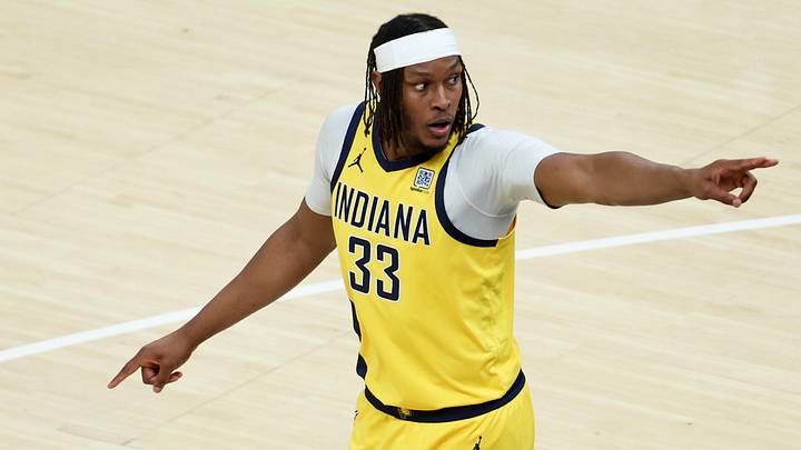 Former Indiana Pacers center Myles Turner (33) reacts in the first quarter during Game 6 of the 2025 NBA Finals against the Oklahoma City Thunder at Gainbridge Fieldhouse.