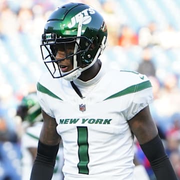 Nov 19, 2023; Orchard Park, New York, USA; New York Jets cornerback Sauce Gardner (1) warms up prior to the game against the Buffalo Bills at Highmark Stadium