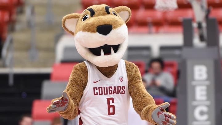 Jan 29, 2020; Pullman, Washington, USA; Washington State Cougars mascot perform during a basketball game against the Arizona State Sun Devils in the second half at Beasley Coliseum. The Cougars won 67-65. Mandatory Credit: James Snook-USA TODAY Sports