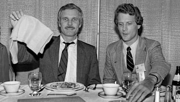 Cable TV mogul Ted Turner, left, came to Nashville Nov. 4, 1982, to address members of the Tennessee Cable Television Association meeting at Opryland Hotel. He is join by Viacom Cablevision vice president and general manager Kurt Jorgensen.