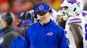 Jan 26, 2025; Kansas City, MO, USA; Buffalo Bills head coach Sean McDermott against the Kansas City Chiefs during the AFC Championship game at GEHA Field at Arrowhead Stadium. Mandatory Credit: Mark J. Rebilas-Imagn Images