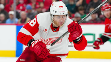 Mar 14, 2025; Raleigh, North Carolina, USA;  Detroit Red Wings right wing Patrick Kane (88) skates against the Carolina Hurricanes during the second period at Lenovo Center. Mandatory Credit: James Guillory-Imagn Images