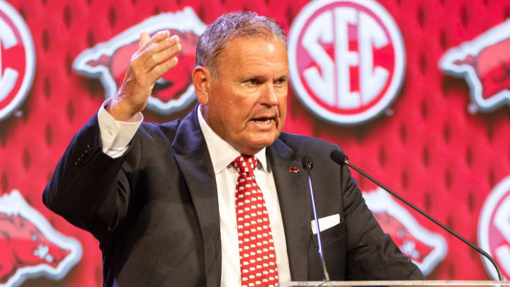 Arkansas coach Sam Pittman speaking at SEC Football Kickoff at the Omni Dallas Hotel