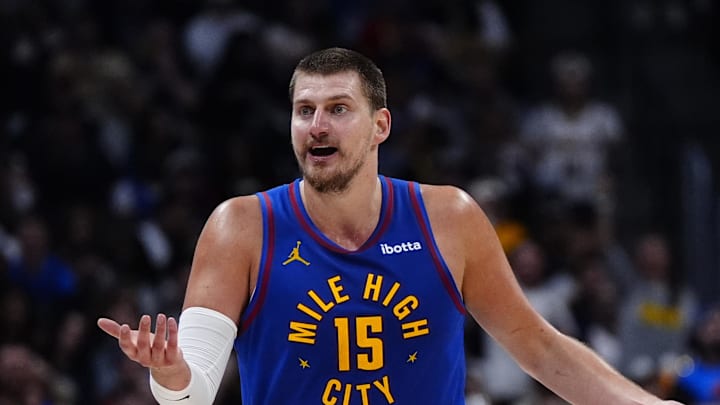 May 9, 2025; Denver, Colorado, USA; Denver Nuggets center Nikola Jokic (15) reacts to a foul called in the first half against the Oklahoma City Thunder during game three of the second round for the 2025 NBA Playoffs at Ball Arena. Mandatory Credit: Ron Chenoy-Imagn Images May 9, 2025; Denver, Colorado, USA; Denver Nuggets center Nikola Jokic (15) reacts to a foul called in the first half against the Oklahoma City Thunder during game three of the second round for the 2025 NBA Playoffs at Ball Arena. Mandatory Credit: Ron Chenoy-Imagn Images