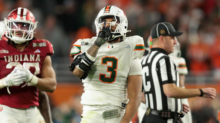 Jan 19, 2026; Miami Gardens, FL, USA; Miami Hurricanes defensive lineman Akheem Mesidor (3) celebrates after a sack against the Indiana Hoosiers in the third quarter during the College Football Playoff National Championship game at Hard Rock Stadium. 