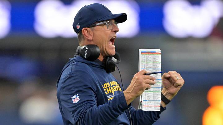 Nov 30, 2025; Inglewood, California, USA; Los Angeles Chargers head coach Jim Harbaugh reacts during the second half at SoFi Stadium. Mandatory Credit: Jayne Kamin-Oncea-Imagn Images