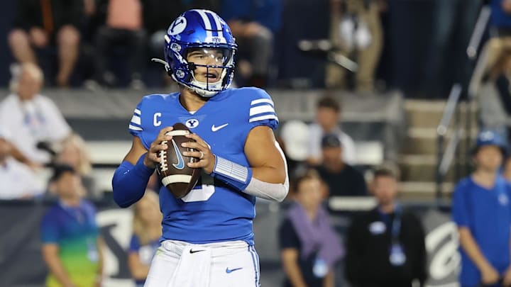 Sep 29, 2022; Provo, Utah, USA; Brigham Young Cougars quarterback Jaren Hall (3) drops back to pass