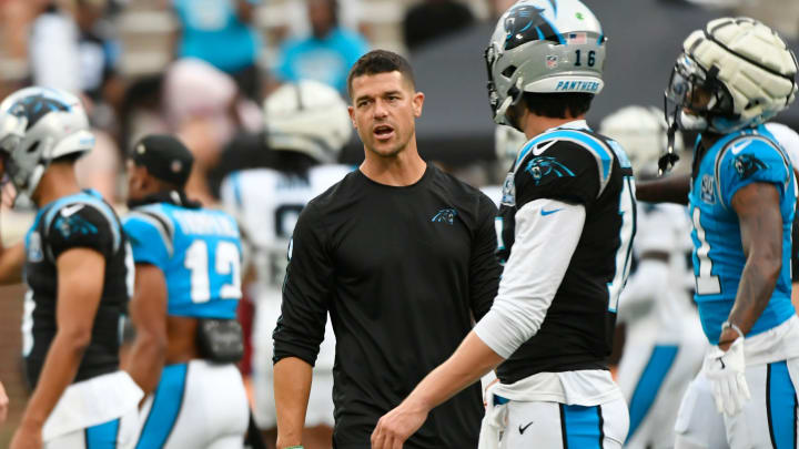 Carolina Panthers head coach, Dave Canales, on the field at Memorial Stadium during the Panthers Fan Fest in Clemson, S.C., on Thursday, Aug. 1, 2024.