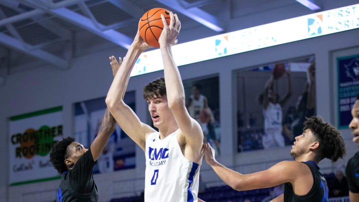 Olivier Rioux of IMG Academy looks for an open teammate in their game against Richmond Heights in the City of Palms Classic on Wednesday, Dec. 20, 2023, at Suncoast Credit Union Arena in Fort Myers.