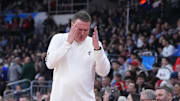 Mar 20, 2025; Providence, RI, USA;  Kansas Jayhawks head coach Bill Self reacts during the first half against the Arkansas Razorbacks at Amica Mutual Pavilion. Mandatory Credit: Gregory Fisher-Imagn Images
