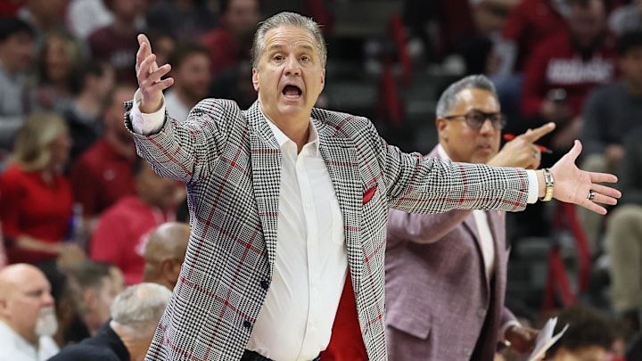 Jan 20, 2026; Fayetteville, Arkansas, USA; Arkansas Razorbacks head coach John Calipari during the first half against the Vanderbilt Commodores at Bud Walton Arena. Arkansas won 93-68. Mandatory Credit: Nelson Chenault-Imagn Images
