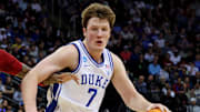 Duke guard Kon Knueppel dribbles the ball during the NCAA tournament.