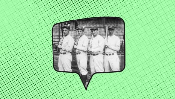 (Left to right) Lou Gehrig, Tony Lazzeri, Mark Koenig, and Joe Duga of the 1927 New York Yankees.