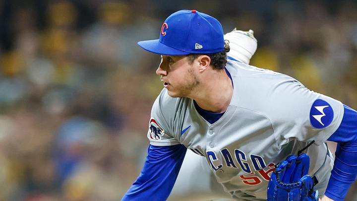 Apr 14, 2025; San Diego, California, USA; Chicago Cubs relief pitcher Nate Pearson (56) throws a pitch during the seventh inning against the San Diego Padres at Petco Park. Mandatory Credit: David Frerker-Imagn Images
