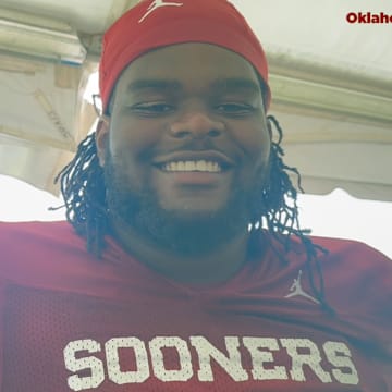 Oklahoma guard Eddy Pierre-Louis speaks to the media after the Sooners' fall camp practice on Wednesday.