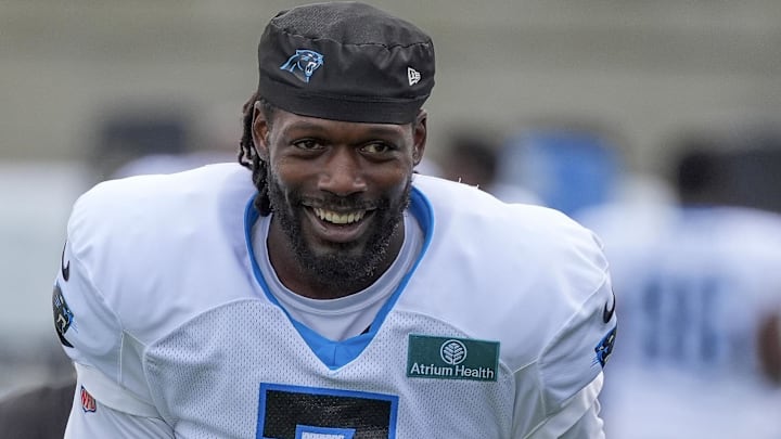 Dallas Cowboys linebacker Jadeveon Clowney (7) smiles at the Carolina Panthers Practice Fields.