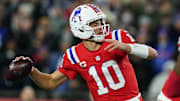 Dec 1, 2025; Foxborough, Massachusetts, USA; New England Patriots quarterback Drake Maye (10) throws a pass during the first quarter against the New York Giants at Gillette Stadium. Mandatory Credit: David Butler II-Imagn Images