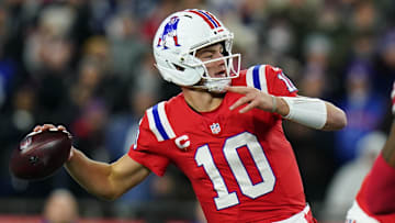 Dec 1, 2025; Foxborough, Massachusetts, USA; New England Patriots quarterback Drake Maye (10) throws a pass during the first quarter against the New York Giants at Gillette Stadium. Mandatory Credit: David Butler II-Imagn Images