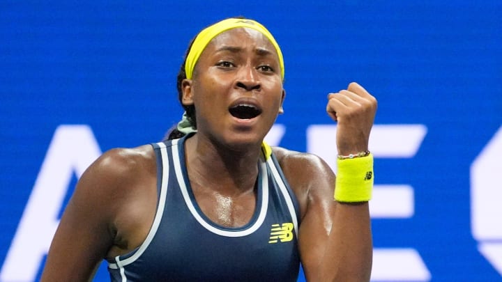 Aug 28, 2024; Flushing, NY, USA;  Coco Gauff (USA) after winning the first set against Tatjana Maria (GER) on day three of the 2024 U.S. Open tennis tournament at USTA Billie Jean King National Tennis Center. Mandatory Credit: Robert Deutsch-USA TODAY Sports