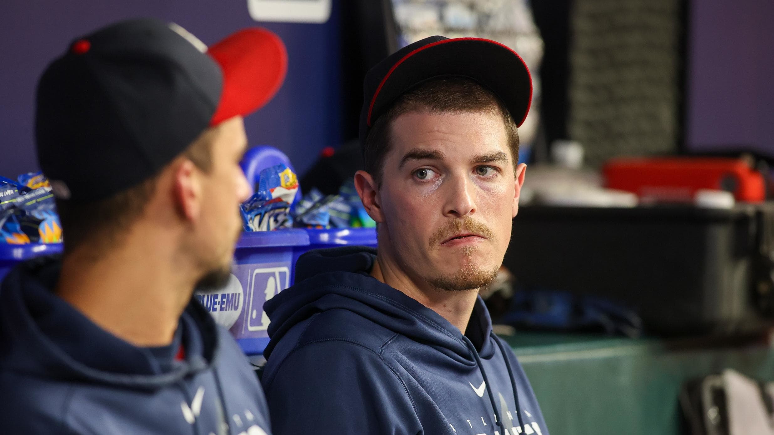 Atlanta Braves starting pitcher Max Fried talks to fellow starter Charlie Morton; the pair will both be free agents after the 2024 season. 