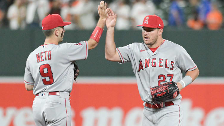 May 15, 2023; Baltimore, Maryland, USA;  Los Angeles Angels center fielder Mike Trout (27) high