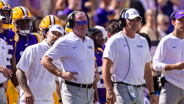 Sep 21, 2024; Baton Rouge, Louisiana, USA;  LSU Tigers head coach Brian Kelly looks on during the first half against the UCLA Bruins at Tiger Stadium. Mandatory Credit: Stephen Lew-Imagn Images