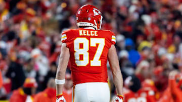 Jan 26, 2025; Kansas City, MO, USA; Detailed view of the jersey of Kansas City Chiefs tight end Travis Kelce (87) against the Buffalo Bills during the AFC Championship game at GEHA Field at Arrowhead Stadium. Mandatory Credit: Mark J. Rebilas-Imagn Images