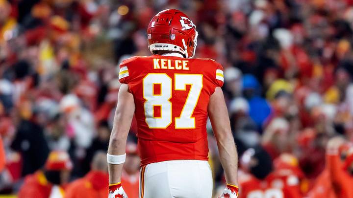 Jan 26, 2025; Kansas City, MO, USA; Detailed view of the jersey of Kansas City Chiefs tight end Travis Kelce (87) against the Buffalo Bills during the AFC Championship game at GEHA Field at Arrowhead Stadium. Mandatory Credit: Mark J. Rebilas-Imagn Images