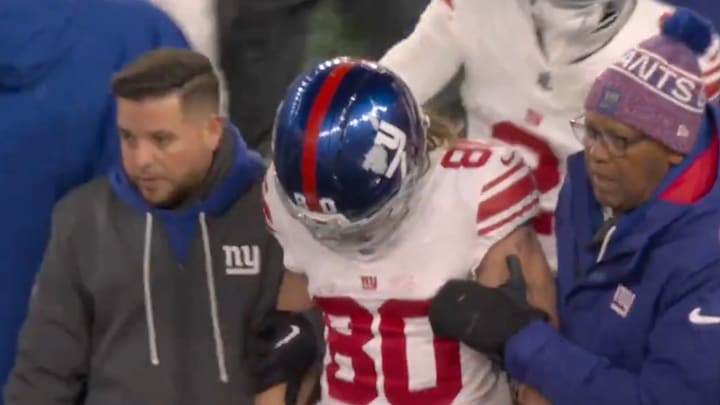 Giants returner Gunner Olszewski got hit so hard the paint cmae off his helmet. 
