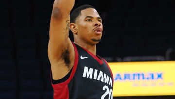 Jul 10, 2024; San Francisco, CA, USA; Miami Heat forward Keshad Johnson (20) after a shot against the Los Angeles Lakers during the first quarter at Chase Center. Mandatory Credit: Kelley L Cox-USA TODAY Sports