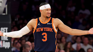 Apr 21, 2025; New York, New York, USA; New York Knicks guard Josh Hart (3) reacts during the third quarter of game two of the first round of the 2024 NBA Playoffs against the Detroit Pistons at Madison Square Garden. Mandatory Credit: Brad Penner-Imagn Images
