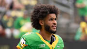 Oregon Ducks quarterback Dante Moore warms up as the Oregon Ducks host the Oklahoma State Cowboys on Sept. 6, 2025, at Autzen Stadium in Eugene, Oregon.