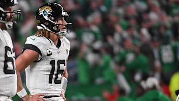 Nov 3, 2024; Philadelphia, Pennsylvania, USA; Jacksonville Jaguars quarterback Trevor Lawrence (16) reacts after throwing an interception in the end zone late in the fourth quarter against the Philadelphia Eagles at Lincoln Financial Field. 