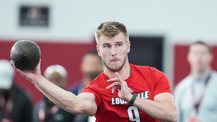 Louisville quarterback Tyler Shough during Pro Day at the UofL Football's Trager Indoor Practice Facility Tuesday, March 25, 2025. Louisville quarterback Tyler Shough during Pro Day at the UofL Football's Trager Indoor Practice Facility Tuesday, March 25, 2025.