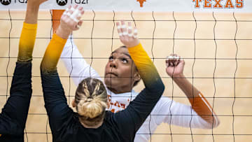 Texas Longhorns middle blocker Marianna Singletary (11) reacts as the ball goes over the net during the Longhorns' match-up with the Missouri Tigers at the Gregory Gym in Austin, Nov. 1, 2024.