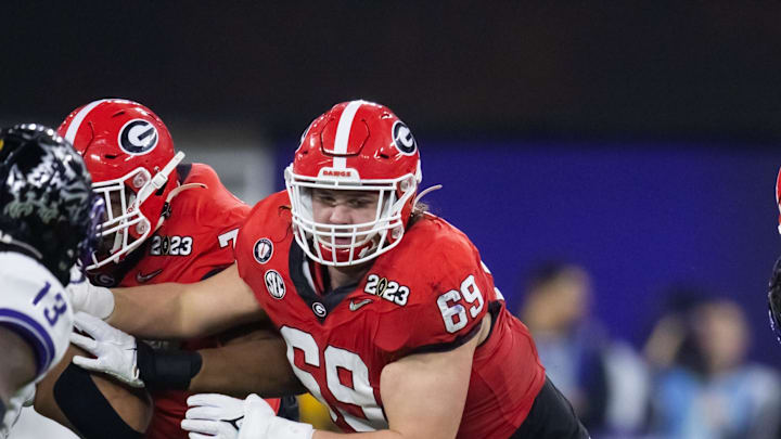 Jan 9, 2023; Inglewood, CA, USA; Georgia Bulldogs offensive lineman Tate Ratledge (69) against the TCU Horned Frogs during the CFP national championship game at SoFi Stadium. Mandatory Credit: Mark J. Rebilas-Imagn Images