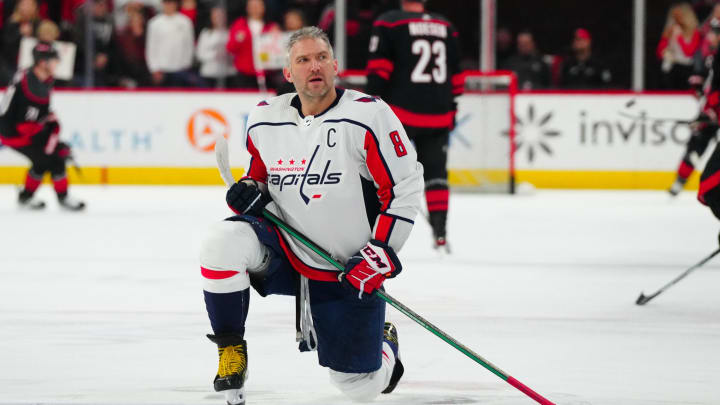 Apr 5, 2024; Raleigh, North Carolina, USA; Washington Capitals left wing Alex Ovechkin (8) looks on during the warmups before the game against the Carolina Hurricanes at PNC Arena. Mandatory Credit: James Guillory-USA TODAY Sports