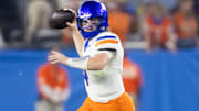 Dec 31, 2024; Glendale, AZ, USA; Boise State Broncos quarterback Maddux Madsen (4) against the Penn State Nittany Lions during the Fiesta Bowl at State Farm Stadium. Mandatory Credit: Mark J. Rebilas-Imagn Images