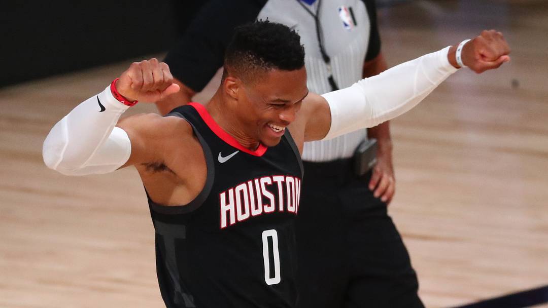 Sep 12, 2020; Lake Buena Vista, Florida, USA; Houston Rockets guard Russell Westbrook (0) prior to game five of the second round against the Los Angeles Lakers in the 2020 NBA Playoffs at ESPN Wide World of Sports Complex. Mandatory Credit: Kim Klement-USA TODAY Sports