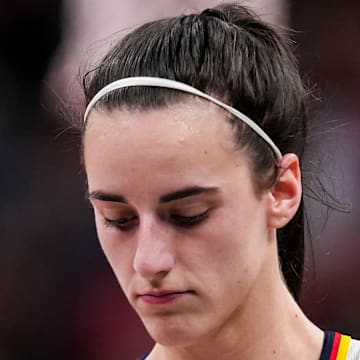 Indiana Fever guard Caitlin Clark (22) walks down the court Friday, Sept. 6, 2024, during a game between the Indiana Fever and the Minnesota Lynx at Gainbride Fieldhouse in Indianapolis. The Lynx defeated the Fever, 99-88.