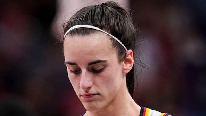 Indiana Fever guard Caitlin Clark (22) walks down the court Friday, Sept. 6, 2024, during a game between the Indiana Fever and the Minnesota Lynx at Gainbride Fieldhouse in Indianapolis. The Lynx defeated the Fever, 99-88.