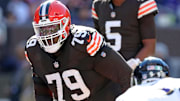 Cleveland Browns offensive tackle Dawand Jones (79) eyes Baltimore Ravens linebacker Tavius Robinson (95) on Oct. 27, 2024, in Cleveland, Ohio.