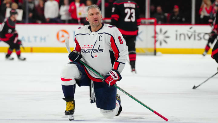 Apr 5, 2024; Raleigh, North Carolina, USA; Washington Capitals left wing Alex Ovechkin (8) looks on during the warmups before the game against the Carolina Hurricanes at PNC Arena. Mandatory Credit: James Guillory-USA TODAY Sports